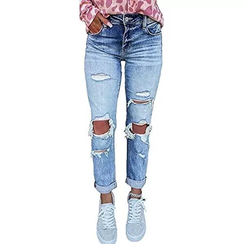 Wilp Jeans Damen Skinny Stretch Jeanshosen Schick Zerrissene Destroyed mit Löchern Jeans High Waist Boyfriend Hose Kurzhose Slim Fit Röhrenjeans Casual Basic Rissen Löcher Ankle Jeanshosen