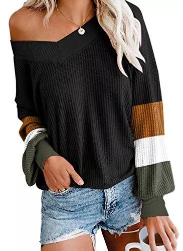 Odosalii Pullover & Strickmode Odosalii Damen Strickpullover V-Ausschnitt Pullover Schulterfrei Langarmshirt Oversize Strickpulli Casual Oberteile Tops
