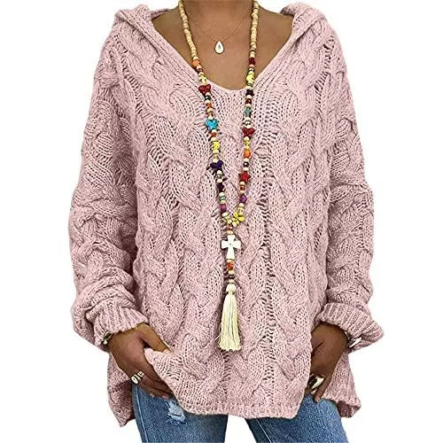NAY Pullover & Strickmode NAY Nalakey Damenpullover mit Hut V-Ausschnitt Strickpullover Casual Langarmshirt Grobstrick Oversize Pulli Oberteile Damen Pullover Strickpulli Sweater
