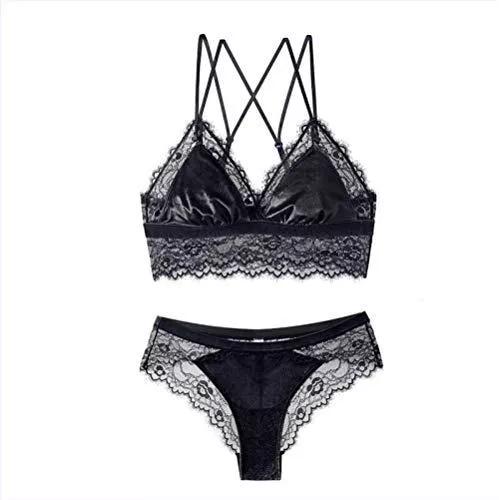 Eotiocehy Unterwäsche & Dessous Baby Dolls &amp; Negligees für Damen Frauen Sexy Lace Bra Set Push Up Büstenhalter 3/4 Cup BH weibliche Dessous dünne drahtlose Unterwäsche BH und Höschen Set-Black_M