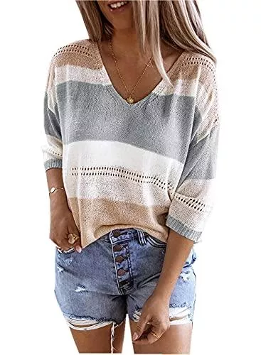 ZIYYOOHY Pullover & Strickmode ZIYYOOHY Damen Grobstrick Strickpullover V-Ausschnitt Oversize Causal Langarmshirt Sweatshirt Pulli Outwear Mantel