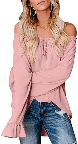 Maavoki Langarmblusen Maavoki Damen Schulterfreier Chiffon Bluse Sommer Casual Off Shoulder Langarmshirt Elegante Einfarbiges Tops mit Rüschen Ärmel