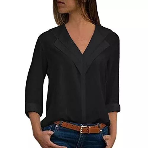 QIMANZI Langarmblusen QIMANZI Bluse Damen Langarm Einfarbig V-Ausschnitt Elegante Tunika Casual Top Locker Langarmshirts mit Knopfleiste Frauen Oberteile Elegant