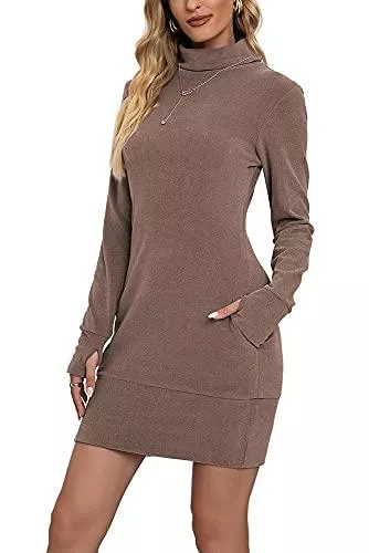Vthereal Pullover & Strickmode Vthereal Damen Pullover Rollkragen Pulloverkleid Casual Tunika Taschen Freizeitkleid Frauen Pulli Tops Minikleid Sweatshirts