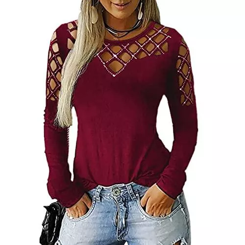 HHOP Langarmblusen Langarmshirt Damen Bluse Elegant Rundhals Sexy Schulterfrei Basic T-Shirt Slim Fit Strass Spitze Hohl Oberteil Vintage Mode Einfarbig Casual Lose Tunika Tops Frühling Herbst
