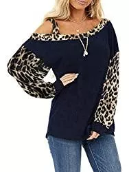 - Pullover & Strickmode Sexy Dance Damen Cold Shoulder Top Leopard Print Bluse Loose Off Shoulder Langarmshirt Pullover Tunika