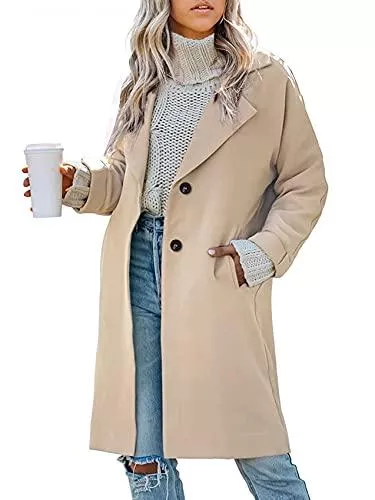 Gemijacka Mäntel Gemijacka Damen Mantel Leicht Talliert Lang Trenchcoat 2 Knöpfe Wollmantel mit V Ausschnitt Elegantes Outwear für Event Feier Business Freizeit