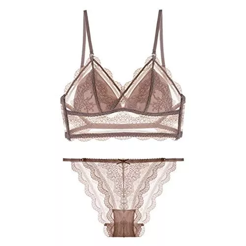 OUMYLFCNEC Unterwäsche & Dessous OUMYLFCNEC Dessous-Sets Frauen-Bralette unpendierte drahtlose Tiefe V-BH und Panty Set Wäsche 2 Stück Babydoll Body Sexy Spitzenträger-BH (Color : Coffee, Size : M)