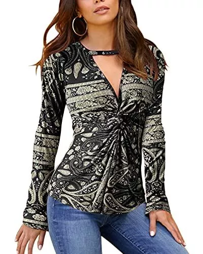 YOINS Langarmblusen YOINS Sexy Oberteil Damen Elegant Langarmshirt Bluse Damen Chiffon Herbst Choker T-Shirt V-Ausschnitt Tops