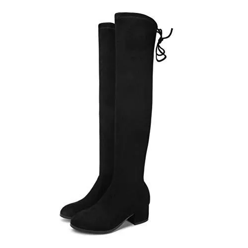 LHZHH Stiefel LHZHH Weibliche Stiefeletten, Overknee-forStiefel Mit Mittlerem Absatz, Stretch-Wildleder-Stretchstiefel Aus Wildleder Mit Runder Spitze Und Geschnürten Damenstiefeln (Color : Black, Size : 38 EU)