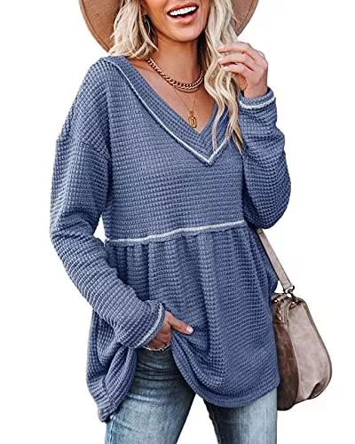 TAAT Pullover & Strickmode TAAT Damen V-Ausschnitt Waffel Tunika Top Langarm Patchwork Pullover Kleider Lässig Spleißen Schulterfrei Babydoll Pullover