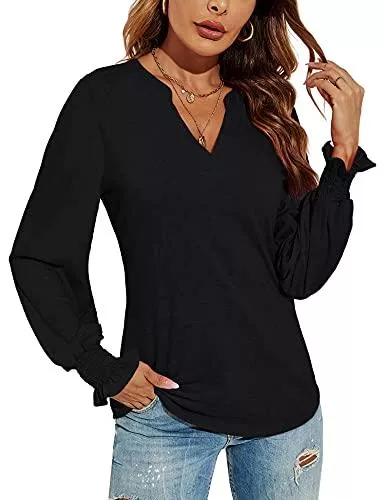 Avoogue Langarmblusen Avoogue Basic T-Shirt Damen V Ausschnitt,Sommer Casual Langarm Tshirt Damen Bluse &amp; Einfarbig Elegant T Shirts Blusen