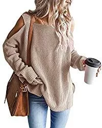 Feadd Pullover & Strickmode Feadd Damen Strickpullover Kalte Schulter Lässiger Pullover Langarm Warme Oversize Pullover Tops