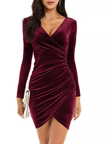 MSBASIC Party MSBASIC Winterkleid Damen Langarm Festlich Kleid Winter Damen Elegant Abendkleid Kurz Weihnachtskleid V Ausschnitt Partykleid Samtkleid