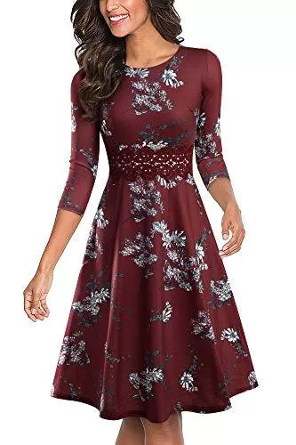 HOMEYEE Cocktail HOMEYEE Damen Vintage Rundhalsausschnitt ärmellosen Blumen Bestickt knielangen Cocktailkleid UKA079