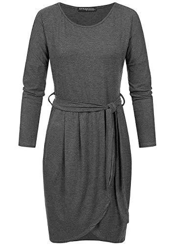 Styleboom Fashion® Freizeit Styleboom Fashion® Damen Kleid Longsleeve Dress Rundhals Belt dunkel grau