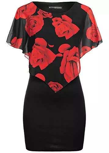 Styleboom Fashion® Freizeit Styleboom Fashion® Damen Kleid 2-Layer Dress Rose Print schwarz rot