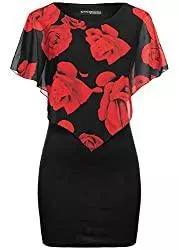 Styleboom Fashion® Freizeit Styleboom Fashion® Damen Kleid 2-Layer Dress Rose Print schwarz rot