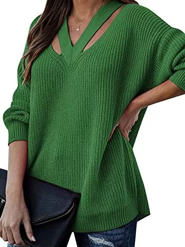 Style Dome Pullover & Strickmode Style Dome Damen Strickpullover V-Ausschnitt Langarm Sweater Stricken Pullover Loose Oversize Jumper