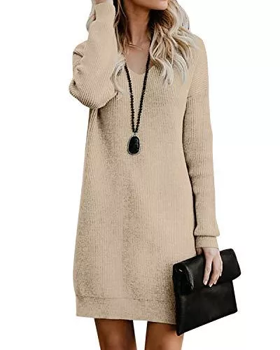 Style Dome Freizeit Style Dome Damen Elegante Pullover V-Ausschnitt Stricken Pulloverkleid Langarm Strickpullover Kleider