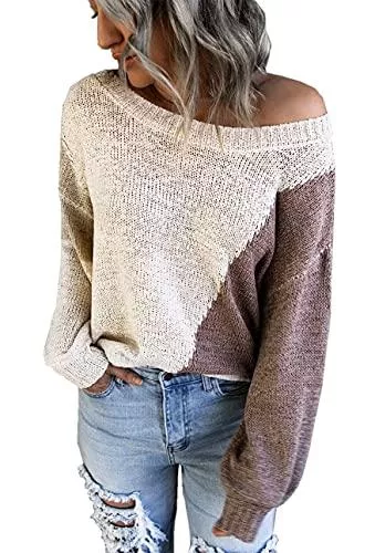 Jiraewh Pullover & Strickmode Damen Strickpullover Rundhals Streifen Pullover Casual Loose Farbblock Schulterfrei Strickpulli Oversize Sweatshirt Outwear