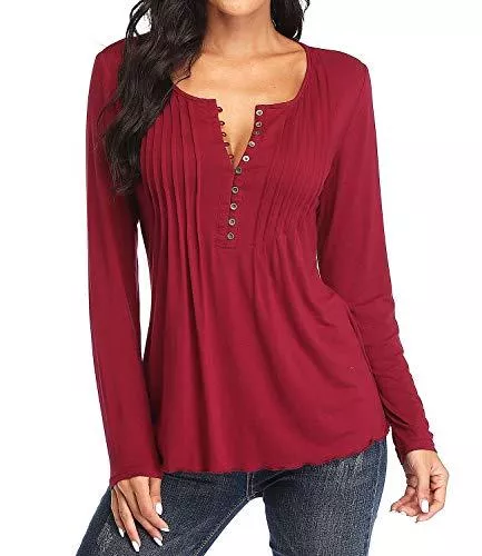 Dilgul Langarmblusen Dilgul Langarmshirt Damen Bluse Tunika Langarm Shirt Knopfleiste T-Shirt Tops Oberteile