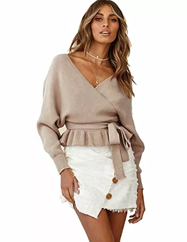 chiguomaoyi Pullover & Strickmode chiguomaoyi Damen V Ausschnitt Strickpullover Elegant Sexy Langärmelig Tops Casual Pullover Sweate