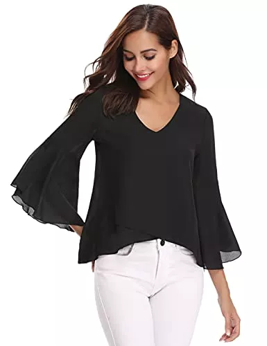 N\B Langarmblusen Damen Chiffon Bluse V Ausschnitt Shirt 3/4 Arm Tunika Leicht Blusenshirt Asymmetrisch Tops mit Volant Trompetenärmel