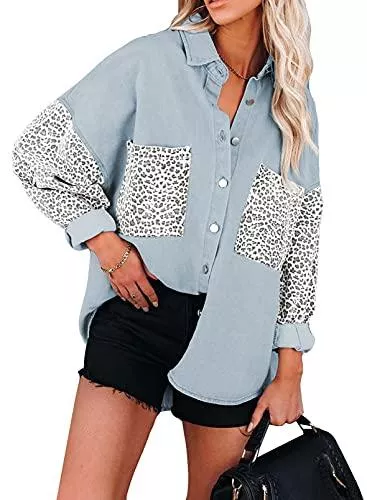 BLENCOT Strickjacken BLENCOT Damen Jeansjacke Leopard Pullover Patchwork Jacken Langarm Mäntel Demin Oberbekleidung Oversize Jean Bluse Button Down Strickjacke Casual Jacke S-XXL
