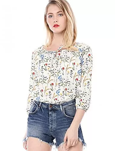 Allegra K Blusen & Tuniken Allegra K Damen Langarm Rundhals Lace Up Blumen Top Bluse
