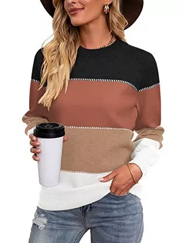 Sudetoil Pullover & Strickmode Sudetoil Damen Pullover Elegant Winter Rundhals Strickpullover Langarm Casual Oversize Pullover Farbblock Patchwork Sweaters Tops