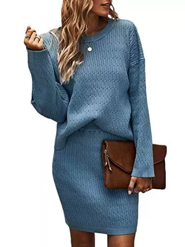 Onsoyours Freizeit Onsoyours Damen Pulloverkleid Elegant Rundhals Langarm Strickkleid Bodycon 2 Stück Set Pullover Oberteil Minirock Einfarbig Minikleid Warme Wickelkleid Lose Sweater Kleid