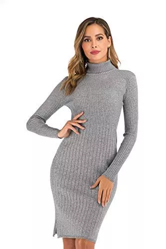 Enjoyoself Freizeit Enjoyoself Damen Rollkragen Strickkleid Elegant Rippstrick Knielanges Pullikleid Warme Figurbetonte Winterkleider für Freizeit