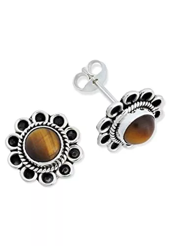 mantraroma Schmuck Ohrstecker Ohrringe Silber 925 Sterlingsilber Tigerauge braun Stein (Nr: MOS 56-18)