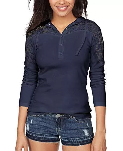 ELFIN Pullover & Strickmode ELFIN Damen Langarmshirt Elegant Spitze Henley Shirt Kapuze Pullover Pulli mit Knöpfen Freitzeit Oberteile Basic Top
