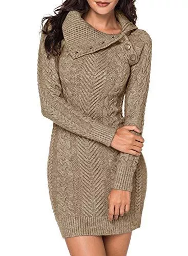 Itsmode Freizeit Itsmode Damen Pullover Kleid Elegant Strickkleid Casual Langarm Winterkleid Einfarbig Rollkragen Jumper Minikleid Elegante Warme Wickelkleid