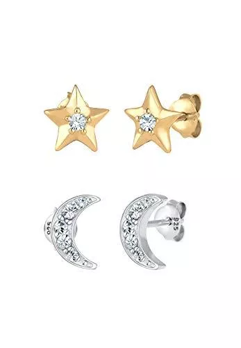 Elli Schmuck Elli Ohrringe Damen Sterne Halbmond Bi-Color mit Kristalle in 925 Sterling Silber