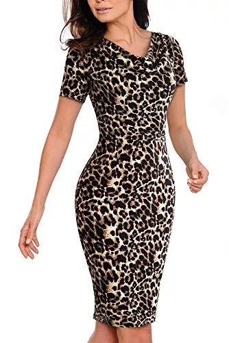 HOMEYEE Business HOMEYEE Damen Elegant Kontrastfarbe Kurzarm Sommer Business Bleistiftkleid B452