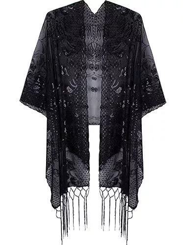 VIJIV Jacken VIJIV Damen Vintage 1920er Jahre Schal Wrap Pailletten Fransen Bolero Flapper Abendumhang für Gatbsy Abschlussball formell