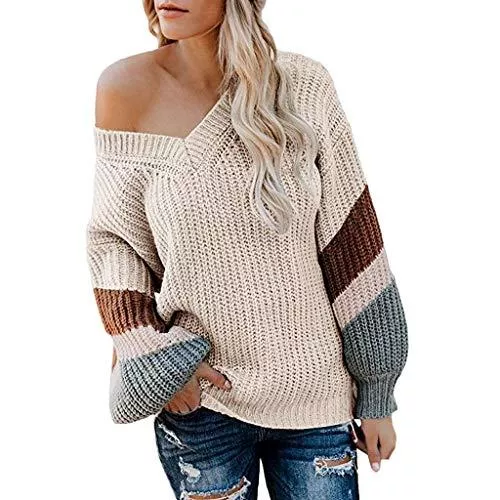 FNKDOR Pullover & Strickmode FNKDOR Farbblock Pullover Damen V-Ausschnitt Strickpullover Oversize Locker Grobstrick Pullis