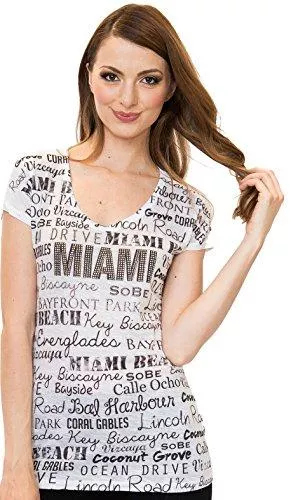 Sweet Gisele T-Shirts Sweet Gisele Miami T-Shirt mit V-Ausschnitt Hotspot Destination Damen T-Shirt mit Strass