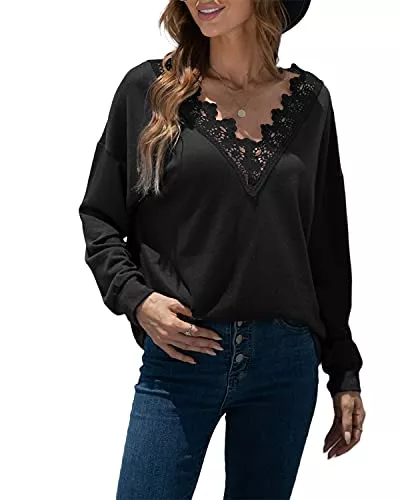 datasy Langarmshirts datasy Shirt Damen Langarmshirt Spitze V-Ausschnitt Sexy Oberteil Spitzenbluse für Damen Langarm Oberteile Shirts