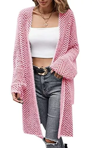 Spec4Y Strickjacken Spec4Y Strickjacke Damen Lang V-Ausschnitt Langarm Streifen Lässige Herbst Winter Strickmantel mit Taschen