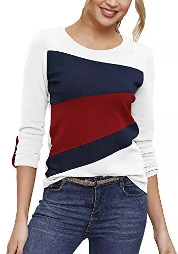DOTIN Langarmshirts DOTIN Damen Langarmshirt Rundhals Farbblock Langarm Oberteile Casual T-Shirt Pullover Elegant Bluse Tops