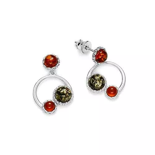 Nature d'Ambre Schmuck Nature d'Ambre Ohrringe, rund, Sterling-Silber 925, rhodiniert, runde Steine, Bernstein Cognac und Grün (31318201)