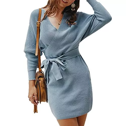 WOTCSIL Freizeit WOTCSIL Winter Damen Elegant Pulloverkleid Strick Kurz Lange Ärmel Herbst Mini-Strickkleid Etuikleid Pulli Partykleid Stiefelkleid Abendkleider V-Ausschnitt Kleid Langarm Mit Gürtel