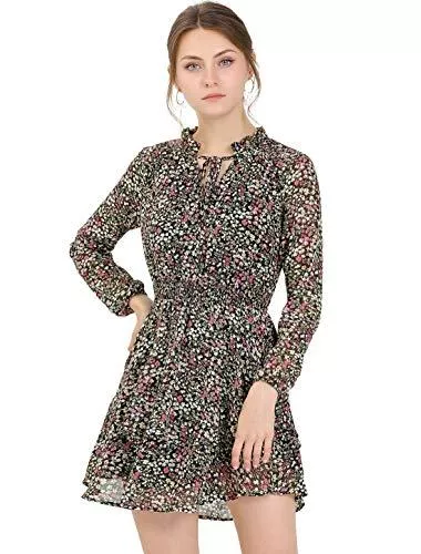 Allegra K Freizeit Allegra K Damen Langarm V Neck Rüschen Chiffon Blumen Minikleid Kleid