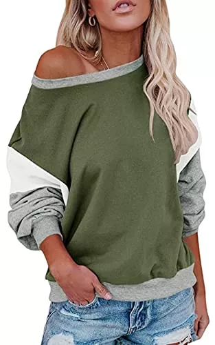 Imuedaen Langarmshirts Sweatshirt Damen Rundhals Pullover Fledermausärmel Farbblock Oberteile Tops Freizeit Langarmshirt Lose T-Shirt Bluse