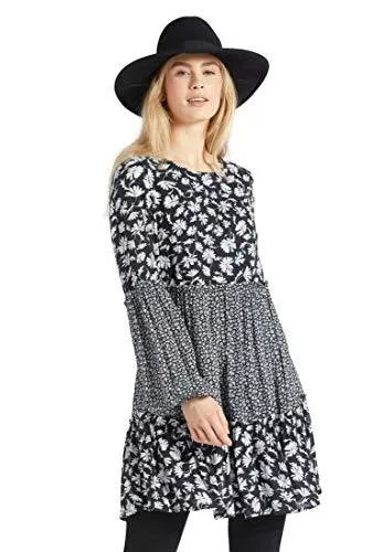 khujo Freizeit khujo Damen Kleid GRANATA kurz Innenfutter Langarm Blumen Patchwork Rundhals