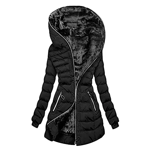TSPRING Mäntel TSPRING Women's Warm Coat Jacket Outwear Fur' Lined Trench Winter Hooded Thick Overcoat Long Padded Slim Jacket Wasserdicht Atmungsaktiv Regenmantel mit(Grau, Gelb, Rot, Schwarz,S/M/L/XL/XXL)